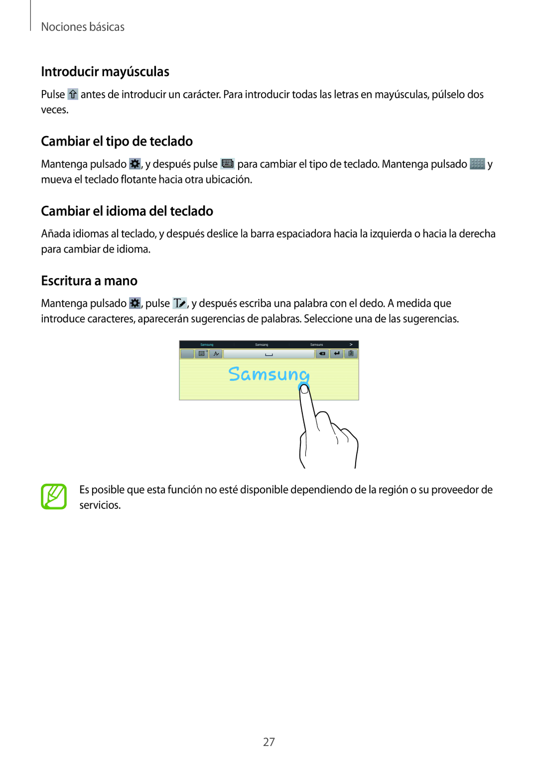 Samsung GT-P5210MKAXEF Introducir mayúsculas, Cambiar el tipo de teclado, Cambiar el idioma del teclado, Escritura a mano 