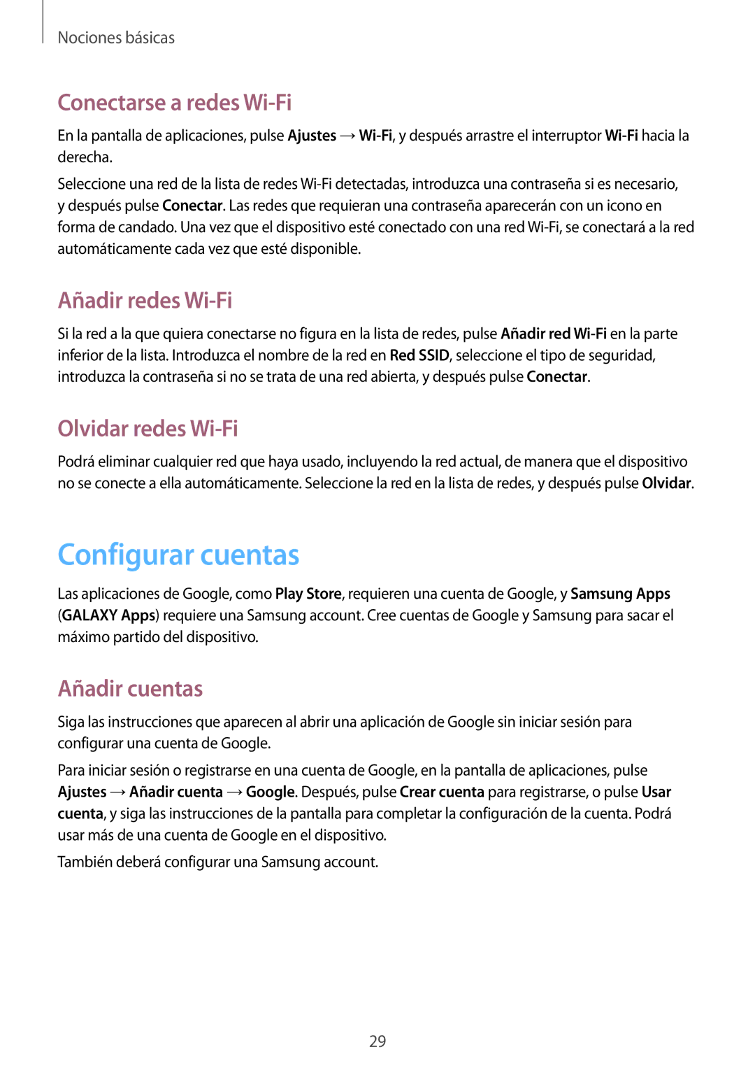 Samsung GT-P5210ZWAPHN manual Configurar cuentas, Conectarse a redes Wi-Fi, Añadir redes Wi-Fi, Olvidar redes Wi-Fi 