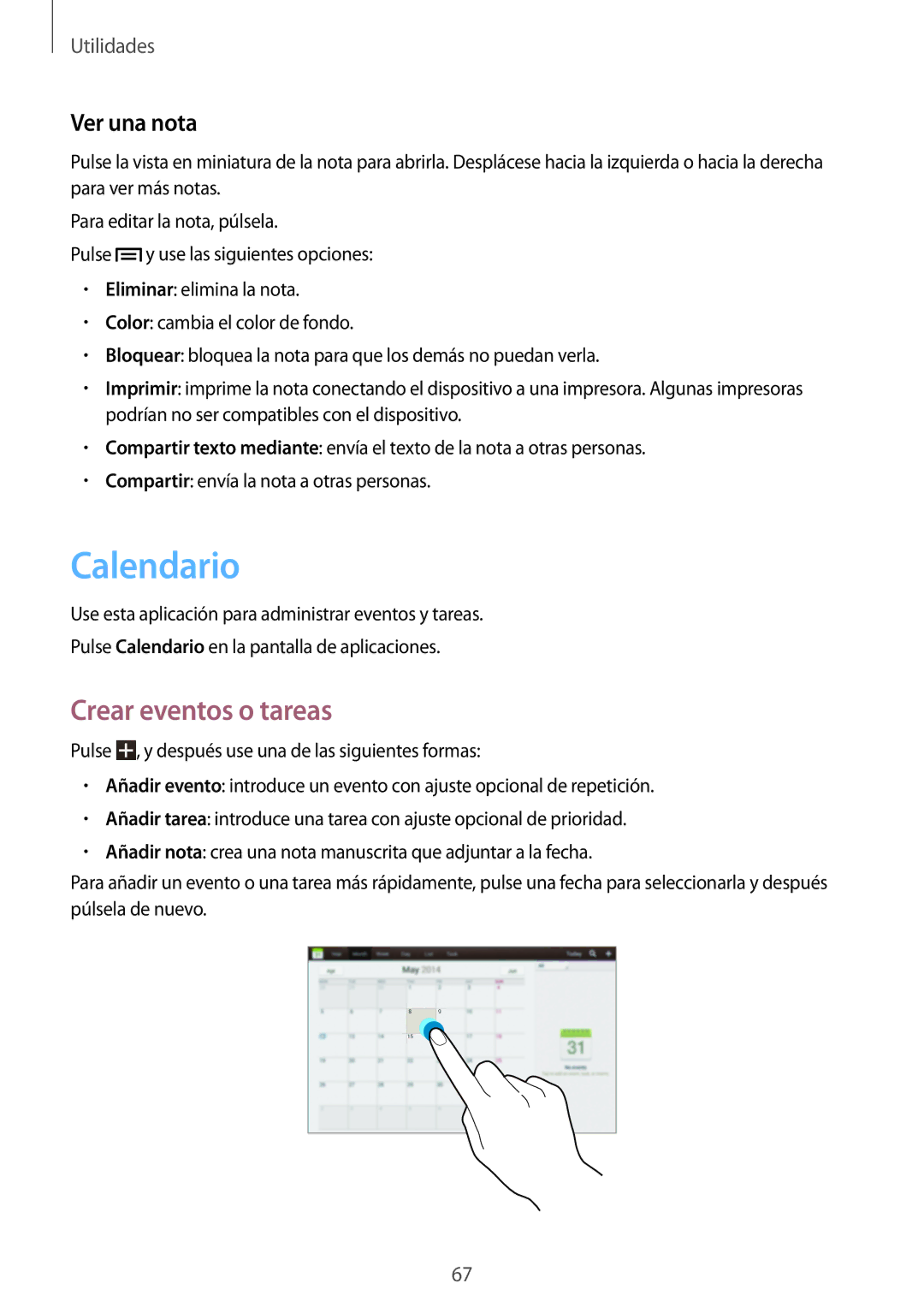 Samsung GT-P5210ZWAPHN, GT-P5210ZWAXEO, GT-P5210ZWADBT, GT-P5210ZWAATO manual Calendario, Crear eventos o tareas, Ver una nota 