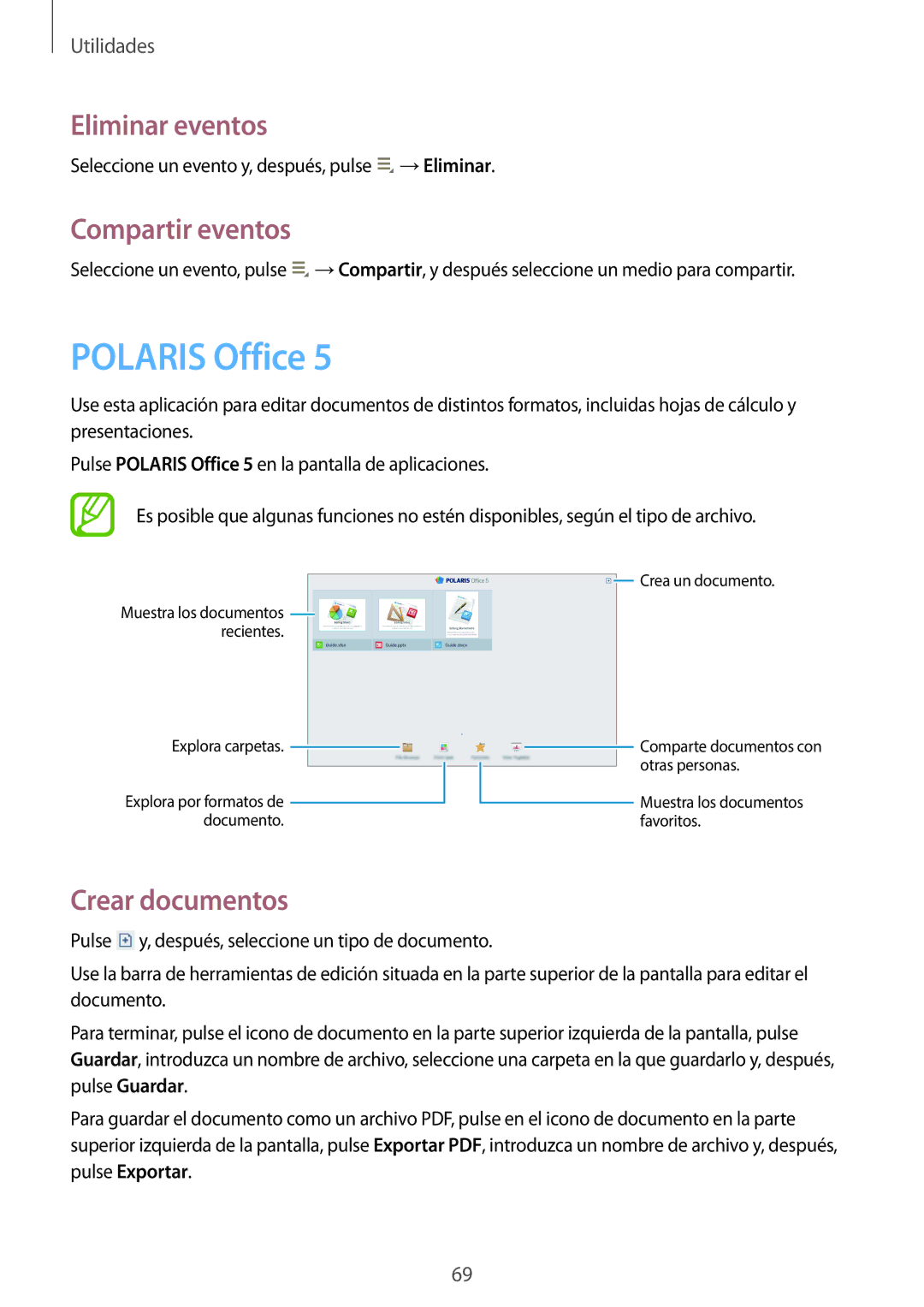 Samsung GT-P5210ZWAAUT, GT-P5210ZWAXEO manual Polaris Office, Eliminar eventos, Compartir eventos, Crear documentos 