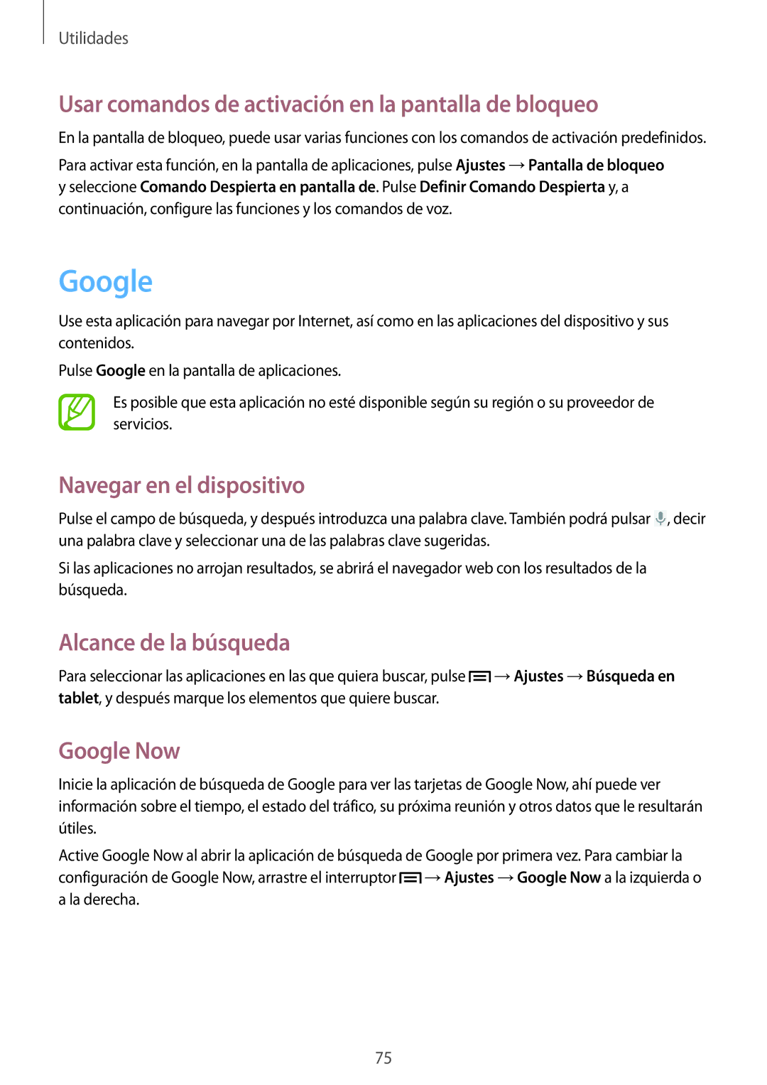 Samsung GT-P5210MKAXEC manual Google, Usar comandos de activación en la pantalla de bloqueo, Navegar en el dispositivo 