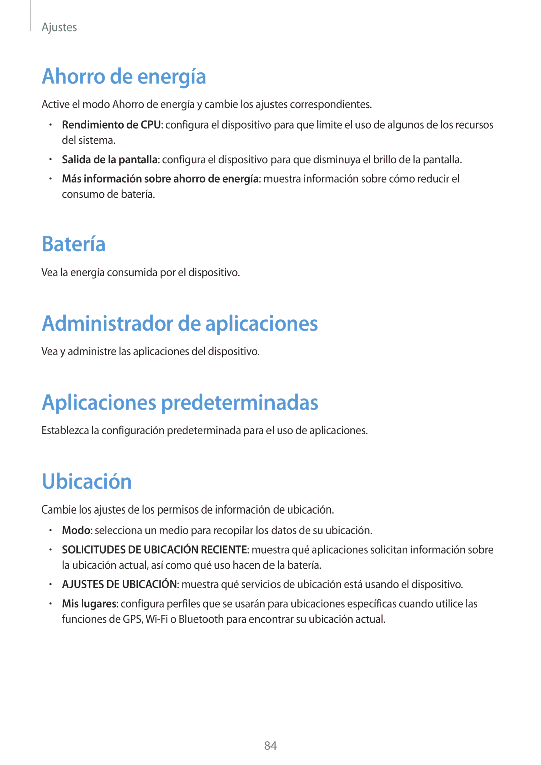 Samsung GT-P5210MKAXEF Ahorro de energía, Batería, Administrador de aplicaciones, Aplicaciones predeterminadas, Ubicación 