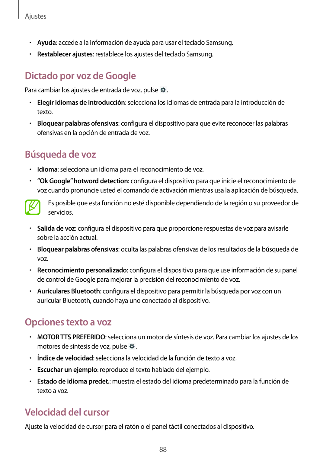 Samsung GT-P5210ZWAAUT manual Dictado por voz de Google, Búsqueda de voz, Opciones texto a voz, Velocidad del cursor 