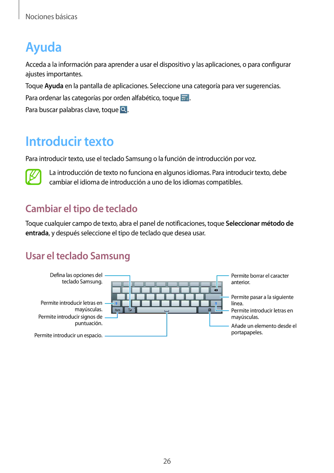 Samsung GT-P5210ZWAXEF, GT-P5210ZWAXEO manual Ayuda, Introducir texto, Cambiar el tipo de teclado, Usar el teclado Samsung 