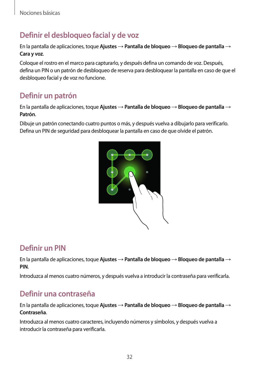 Samsung GT-P5210MKAPHN Definir el desbloqueo facial y de voz, Definir un patrón, Definir un PIN, Definir una contraseña 