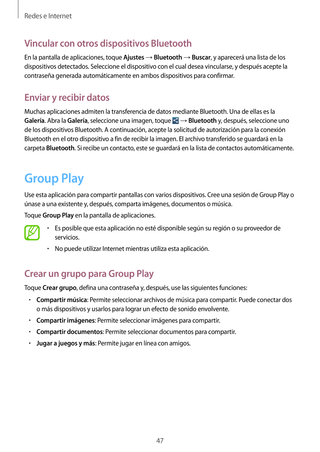 Samsung GT-P5210MKAAUT, GT-P5210ZWAXEO manual Group Play, Vincular con otros dispositivos Bluetooth, Enviar y recibir datos 