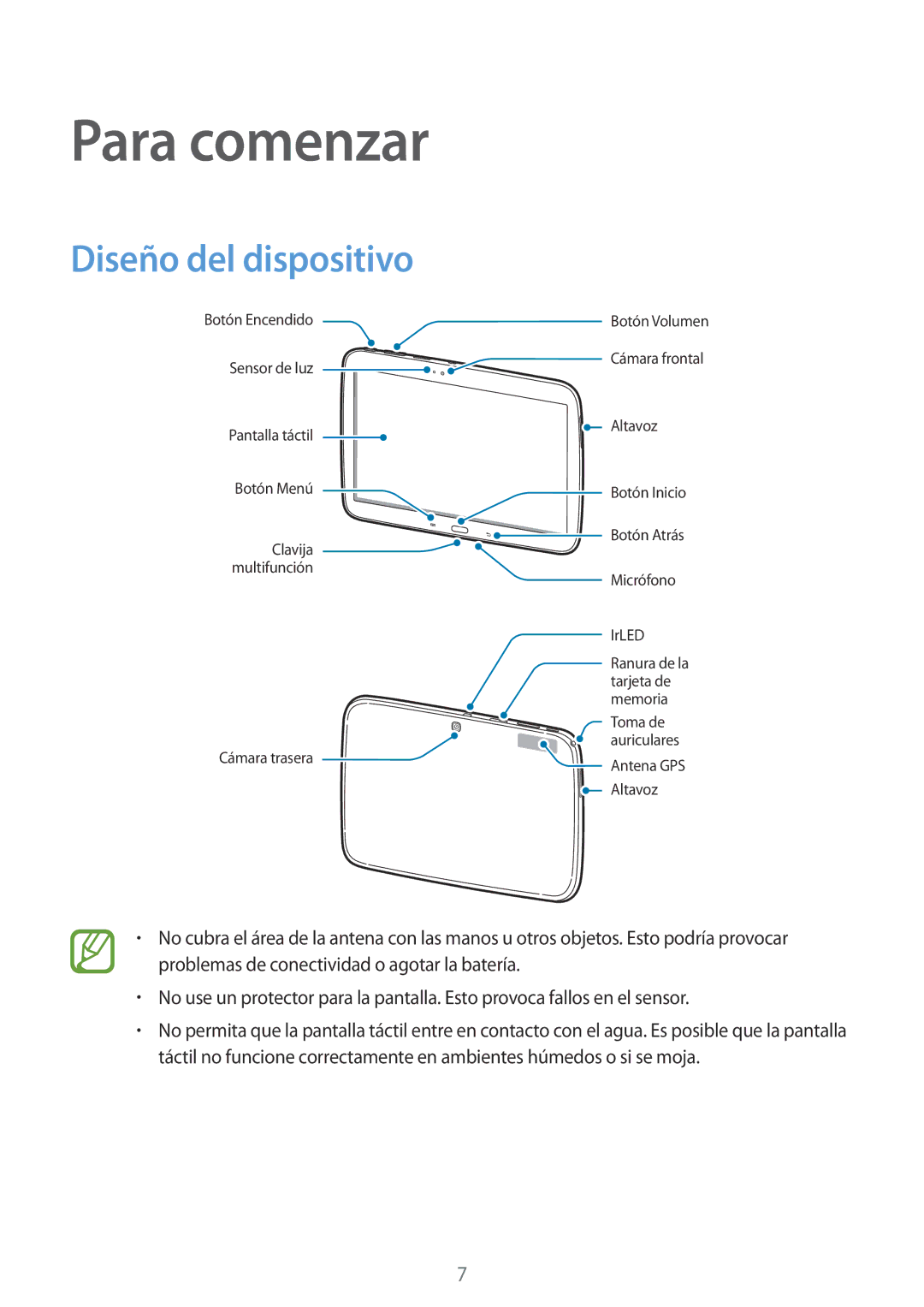 Samsung GT-P5210ZWAXEF, GT-P5210ZWAXEO, GT-P5210ZWADBT, GT-P5210ZWAATO, GT-P5210ZWATPH Para comenzar, Diseño del dispositivo 