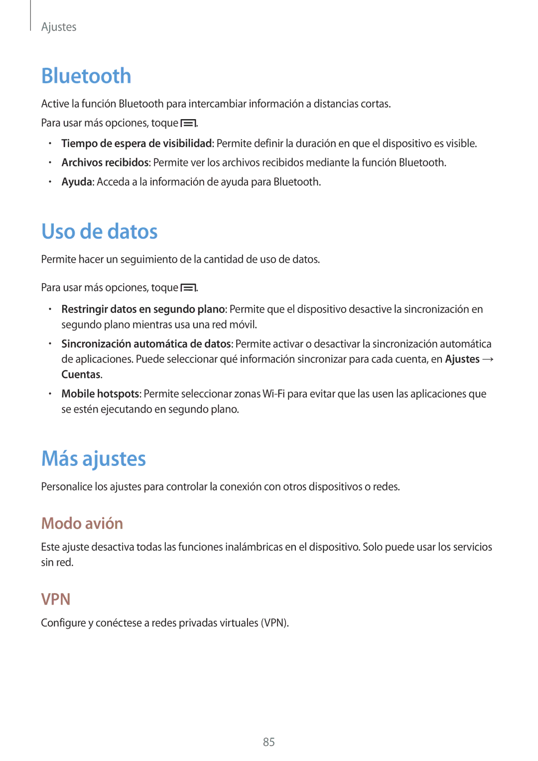 Samsung GT-P5210MKAAUT, GT-P5210ZWAXEO, GT-P5210ZWADBT, GT-P5210ZWAATO, GT-P5210ZWATPH Uso de datos, Más ajustes, Modo avión 