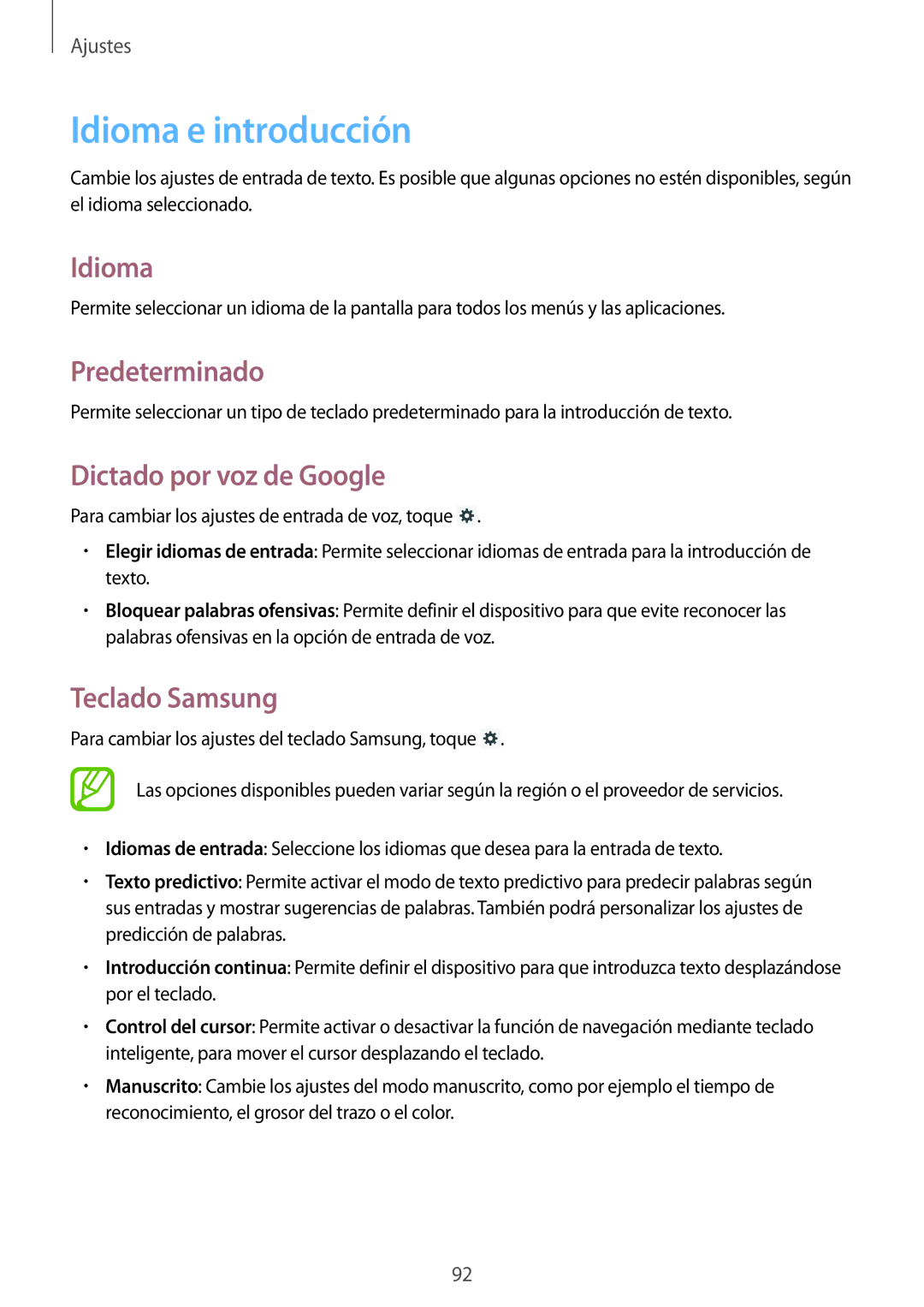 Samsung GT-P5210ZWXPHE, GT-P5210ZWAXEO Idioma e introducción, Predeterminado, Dictado por voz de Google, Teclado Samsung 