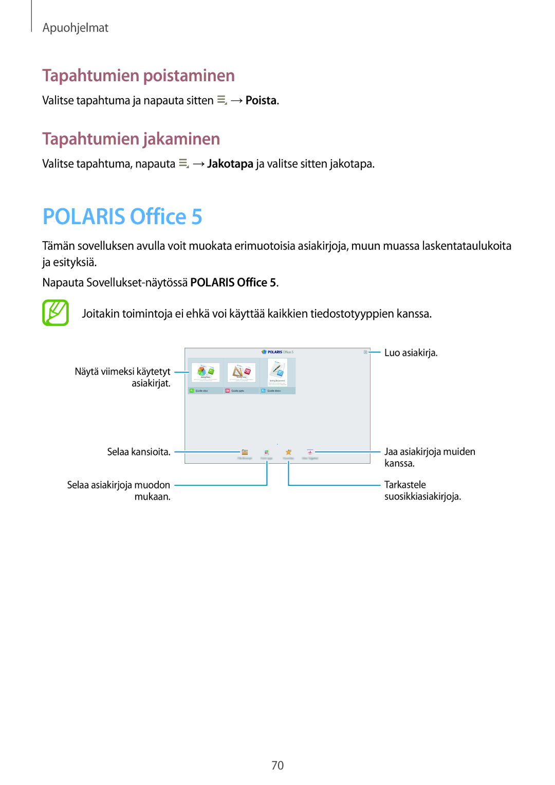 Samsung GT-P5210ZWENEE, GT-P5210GNENEE, GT-P5210GNANEE manual Polaris Office, Tapahtumien poistaminen, Tapahtumien jakaminen 