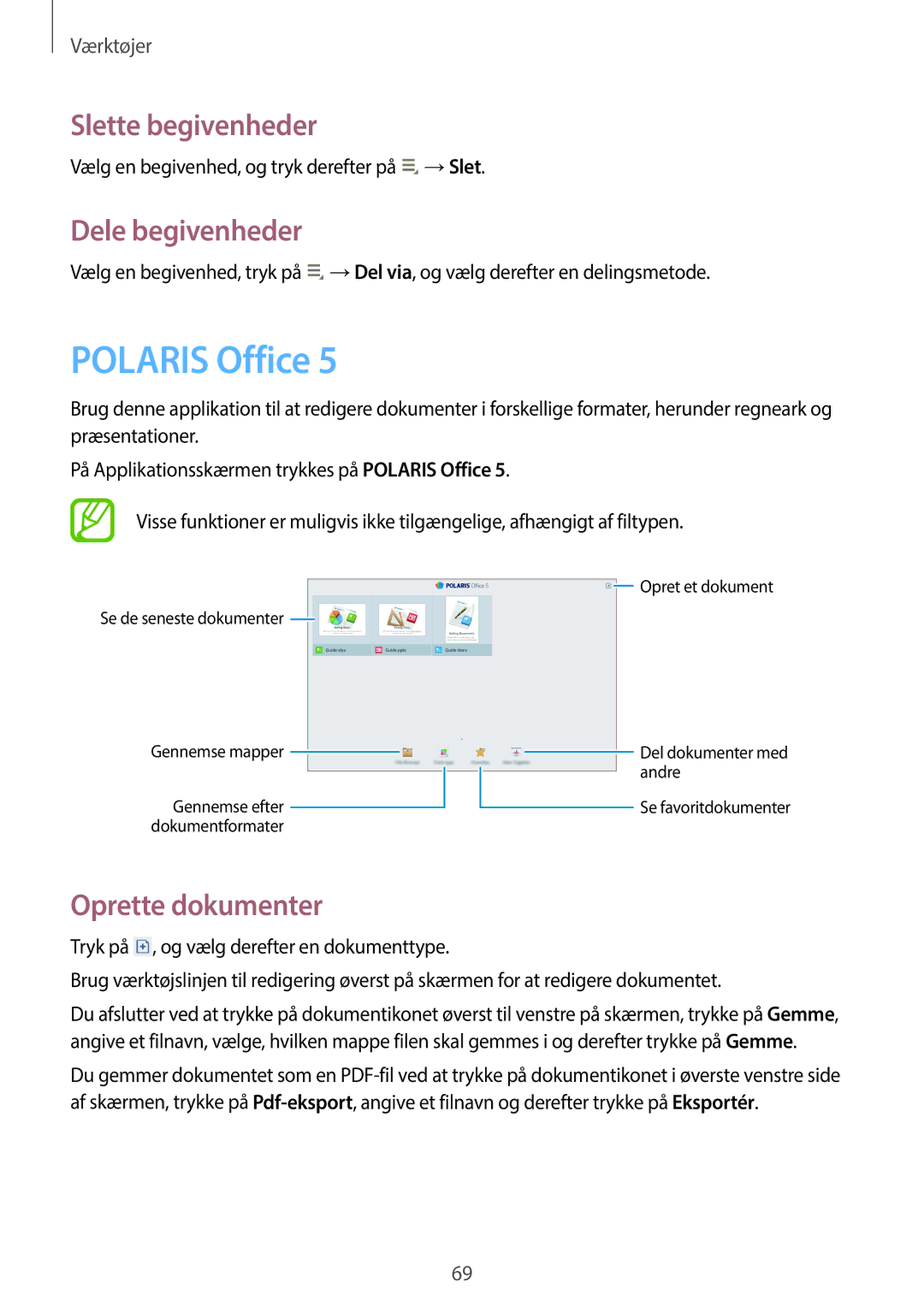 Samsung GT-P5210GRENEE, GT-P5210ZWENEE manual Polaris Office, Slette begivenheder, Dele begivenheder, Oprette dokumenter 