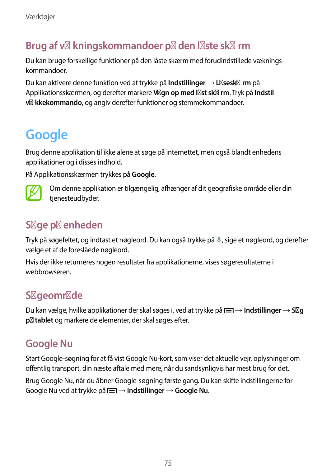 Samsung GT-P5210ZWXNEE manual Brug af vækningskommandoer på den låste skærm, Søge på enheden, Søgeområde, Google Nu 
