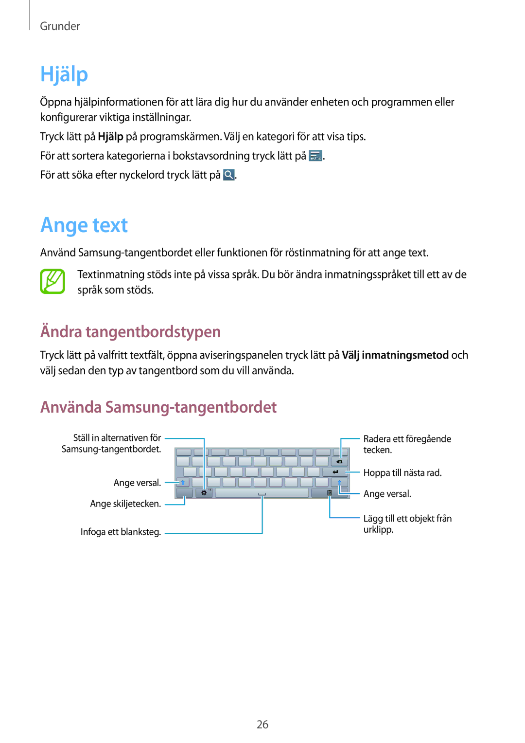Samsung GT-P5210ZWXNEE, GT-P5210ZWENEE manual Hjälp, Ange text, Ändra tangentbordstypen, Använda Samsung-tangentbordet 