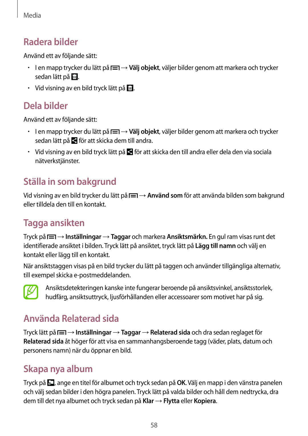 Samsung GT-P5210GNANEE manual Radera bilder, Dela bilder, Ställa in som bakgrund, Tagga ansikten, Använda Relaterad sida 