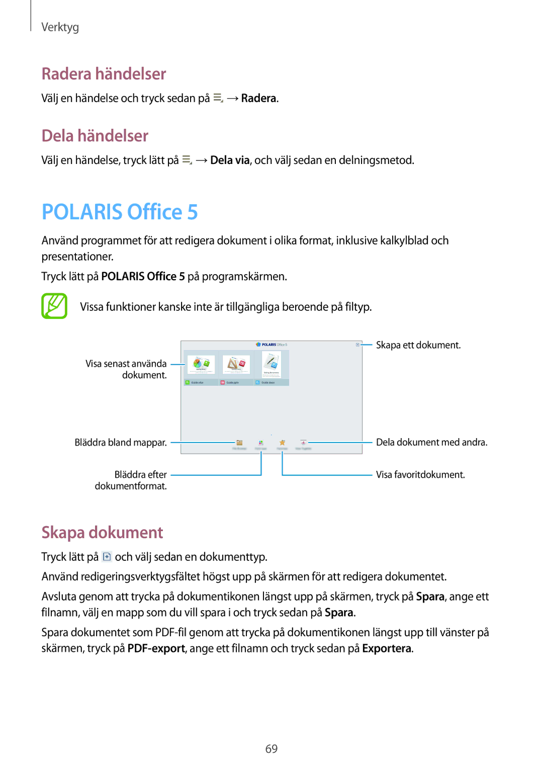 Samsung GT-P5210GRENEE, GT-P5210ZWENEE, GT-P5210GNENEE Polaris Office, Radera händelser, Dela händelser, Skapa dokument 