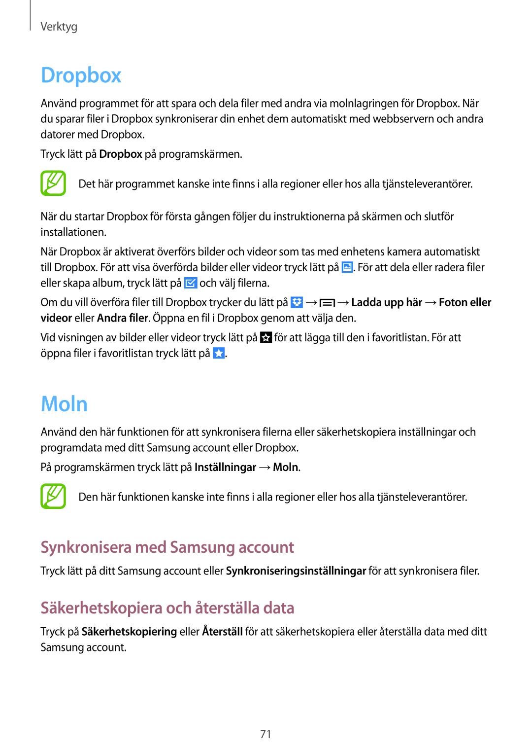 Samsung GT-P5210GNENEE manual Dropbox, Moln, Synkronisera med Samsung account, Säkerhetskopiera och återställa data 