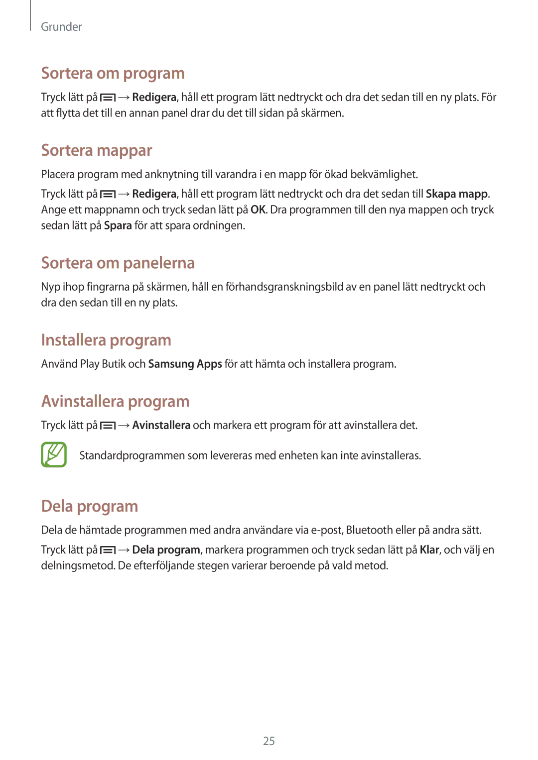 Samsung GT-P5210ZWANEE manual Sortera om program, Sortera mappar, Installera program, Avinstallera program, Dela program 