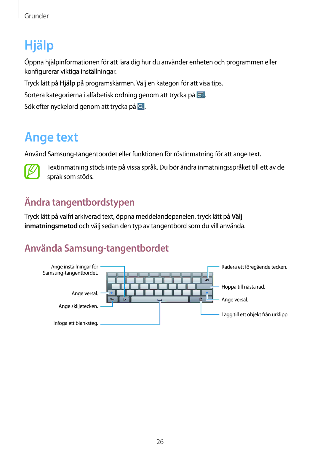 Samsung GT-P5210ZWXNEE, GT-P5210ZWENEE manual Hjälp, Ange text, Ändra tangentbordstypen, Använda Samsung-tangentbordet 