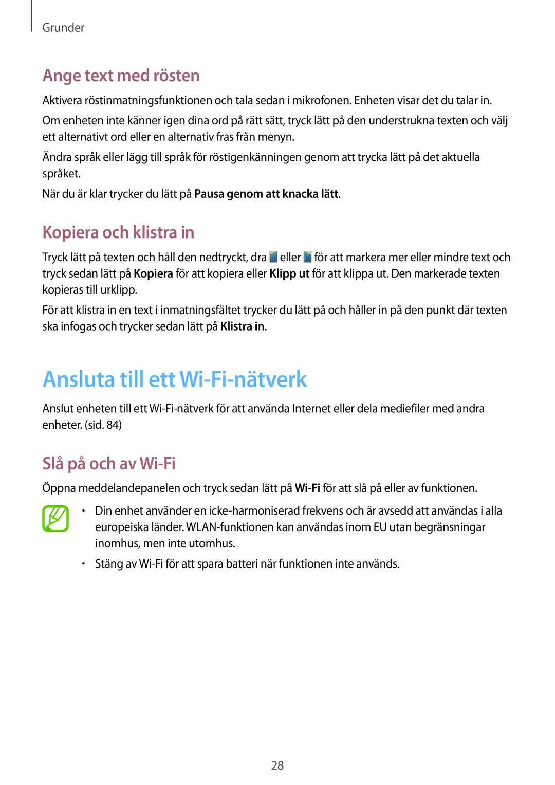 Samsung GT-P5210ZWENEE Ansluta till ett Wi-Fi-nätverk, Ange text med rösten, Kopiera och klistra, Slå på och av Wi-Fi 