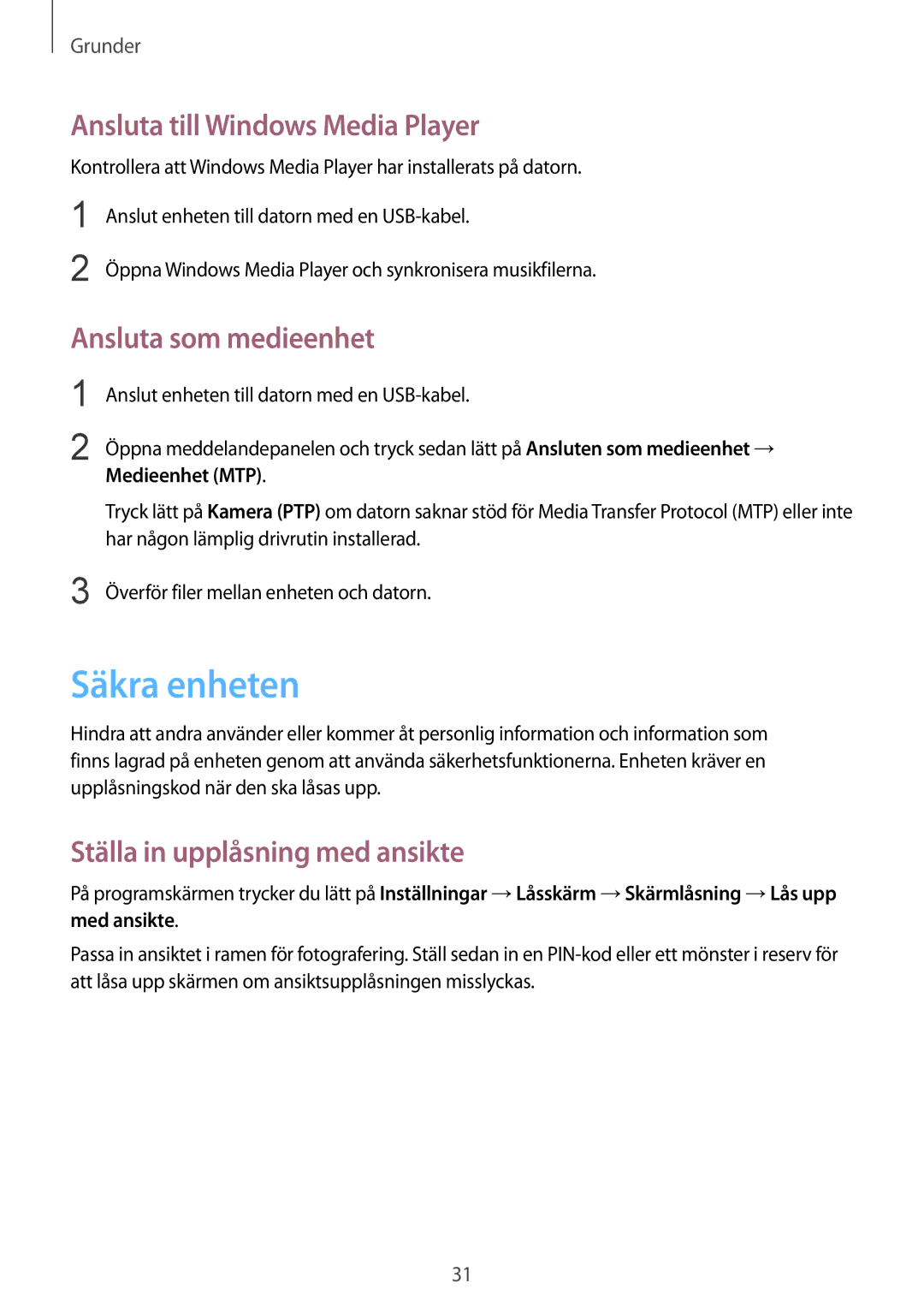 Samsung GT-P5210MKENEE manual Säkra enheten, Ansluta till Windows Media Player, Ansluta som medieenhet, Medieenhet MTP 