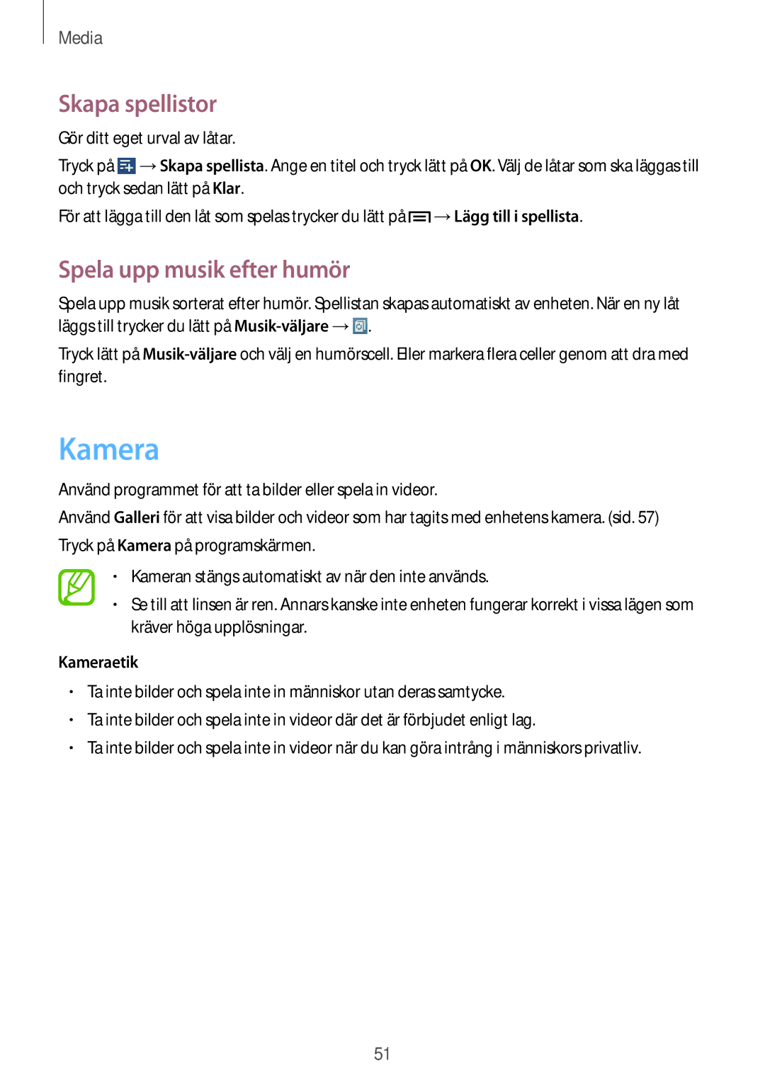 Samsung GT-P5210GNANEE, GT-P5210ZWENEE, GT-P5210GNENEE manual Skapa spellistor, Spela upp musik efter humör, Kameraetik 