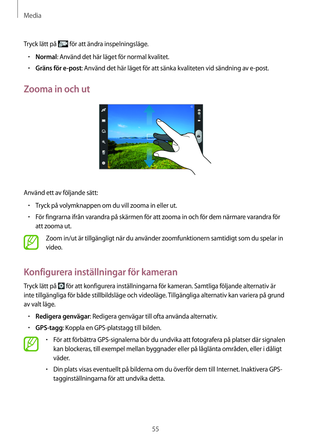 Samsung GT-P5210GRENEE, GT-P5210ZWENEE, GT-P5210GNENEE manual Zooma in och ut, Konfigurera inställningar för kameran 