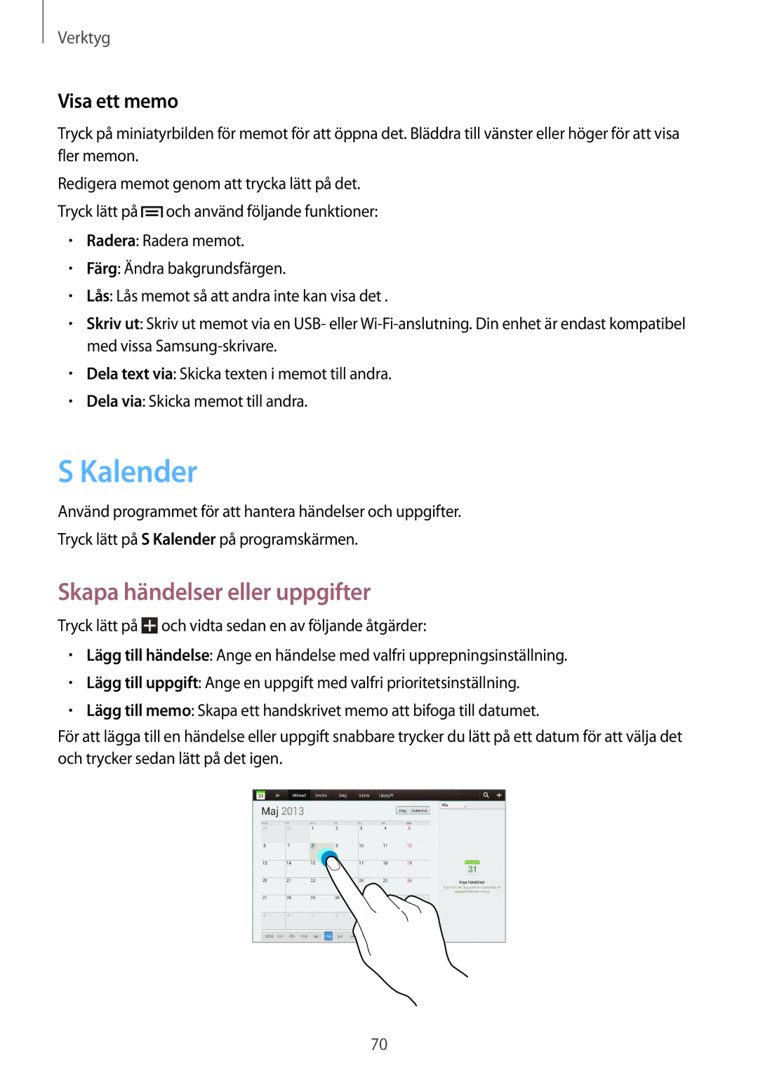 Samsung GT-P5210ZWENEE, GT-P5210GNENEE, GT-P5210GNANEE manual Kalender, Skapa händelser eller uppgifter, Visa ett memo 