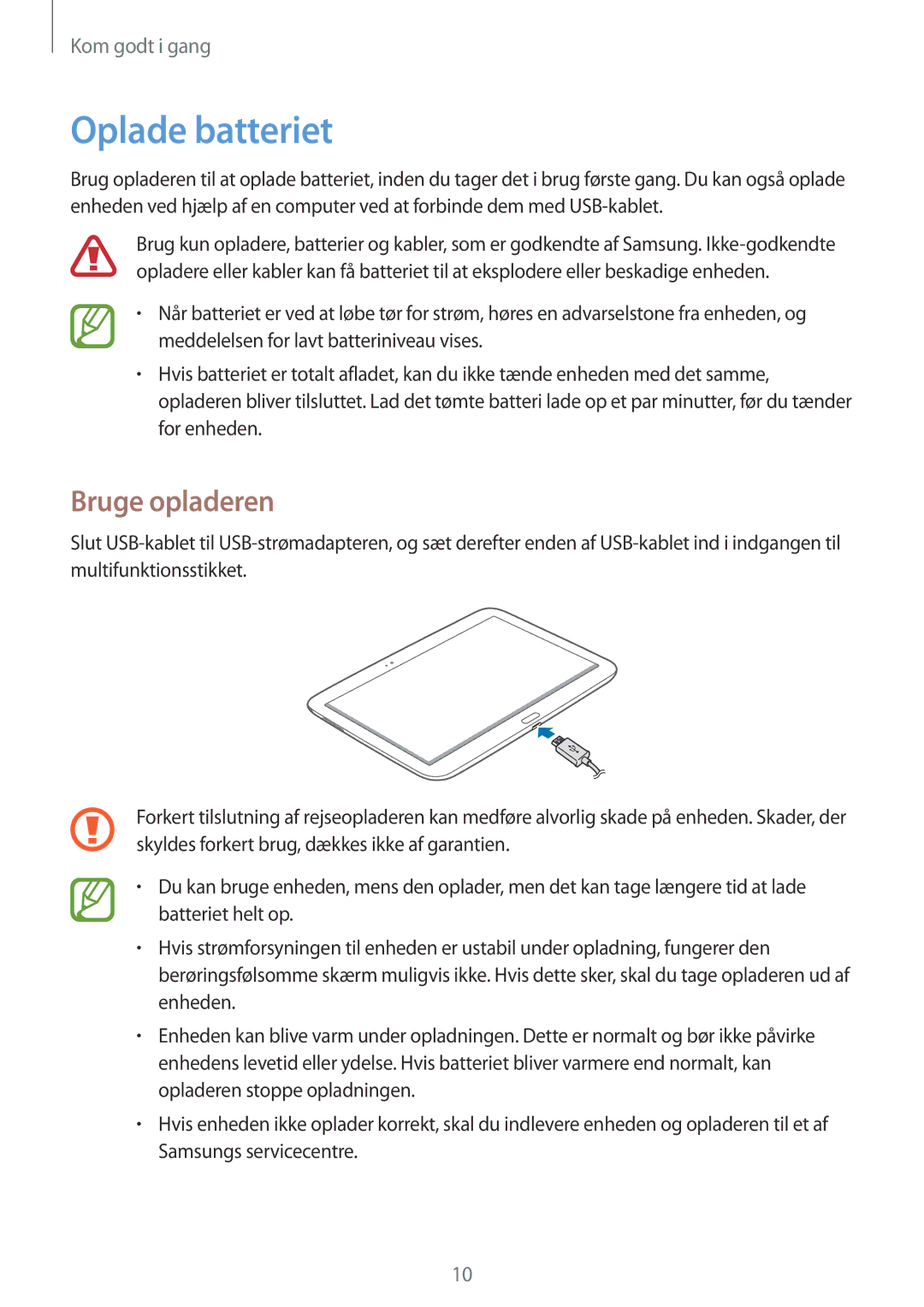 Samsung GT-P5210MKENEE, GT-P5210ZWENEE, GT-P5210GNENEE, GT-P5210GNANEE, GT-P5210ZWANEE manual Oplade batteriet, Bruge opladeren 