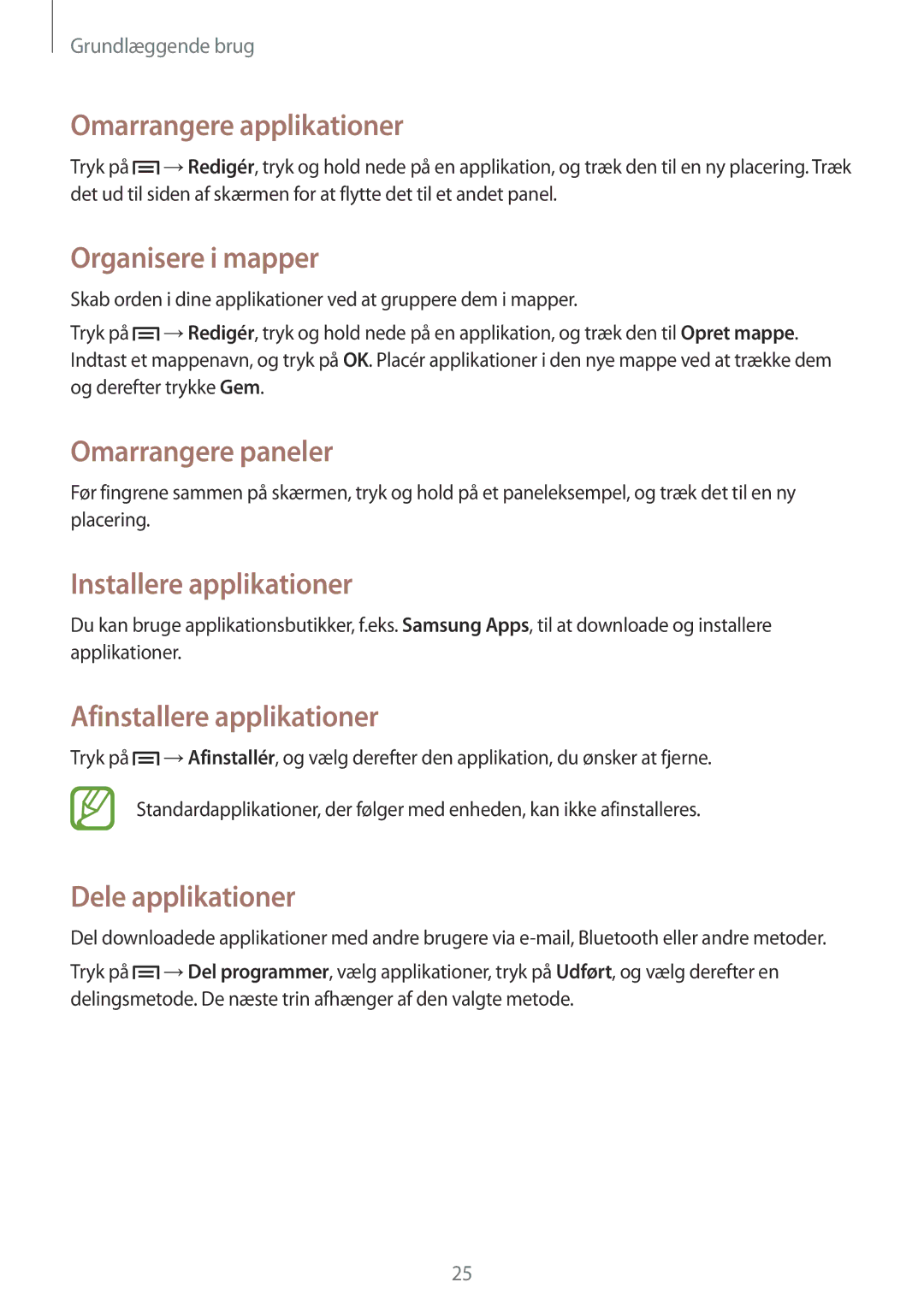 Samsung GT-P5210ZWANEE manual Omarrangere applikationer, Organisere i mapper, Installere applikationer, Dele applikationer 