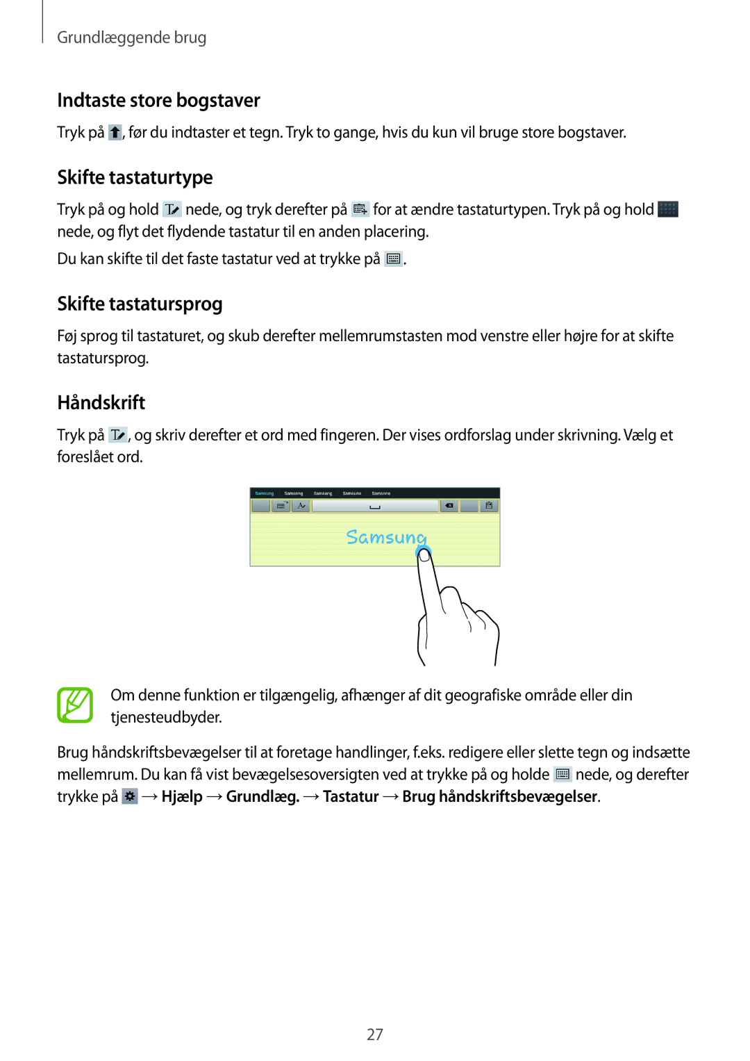 Samsung GT-P5210GRENEE, GT-P5210ZWENEE Indtaste store bogstaver, Skifte tastaturtype, Skifte tastatursprog, Håndskrift 