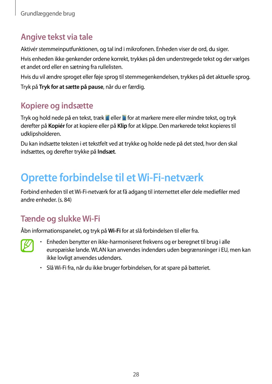 Samsung GT-P5210ZWENEE manual Oprette forbindelse til et Wi-Fi-netværk, Angive tekst via tale, Kopiere og indsætte 