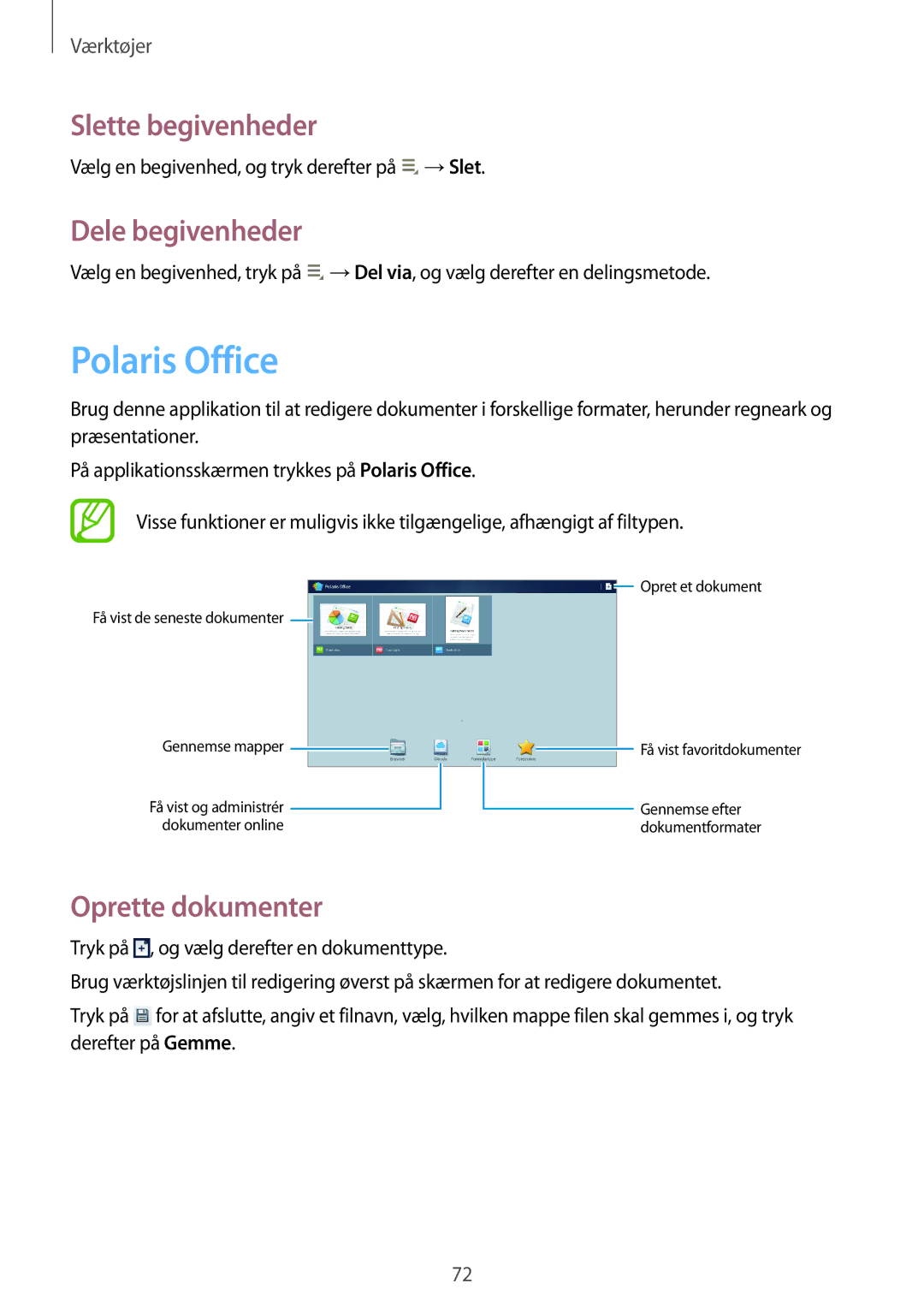 Samsung GT-P5210GNANEE, GT-P5210ZWENEE manual Polaris Office, Slette begivenheder, Dele begivenheder, Oprette dokumenter 