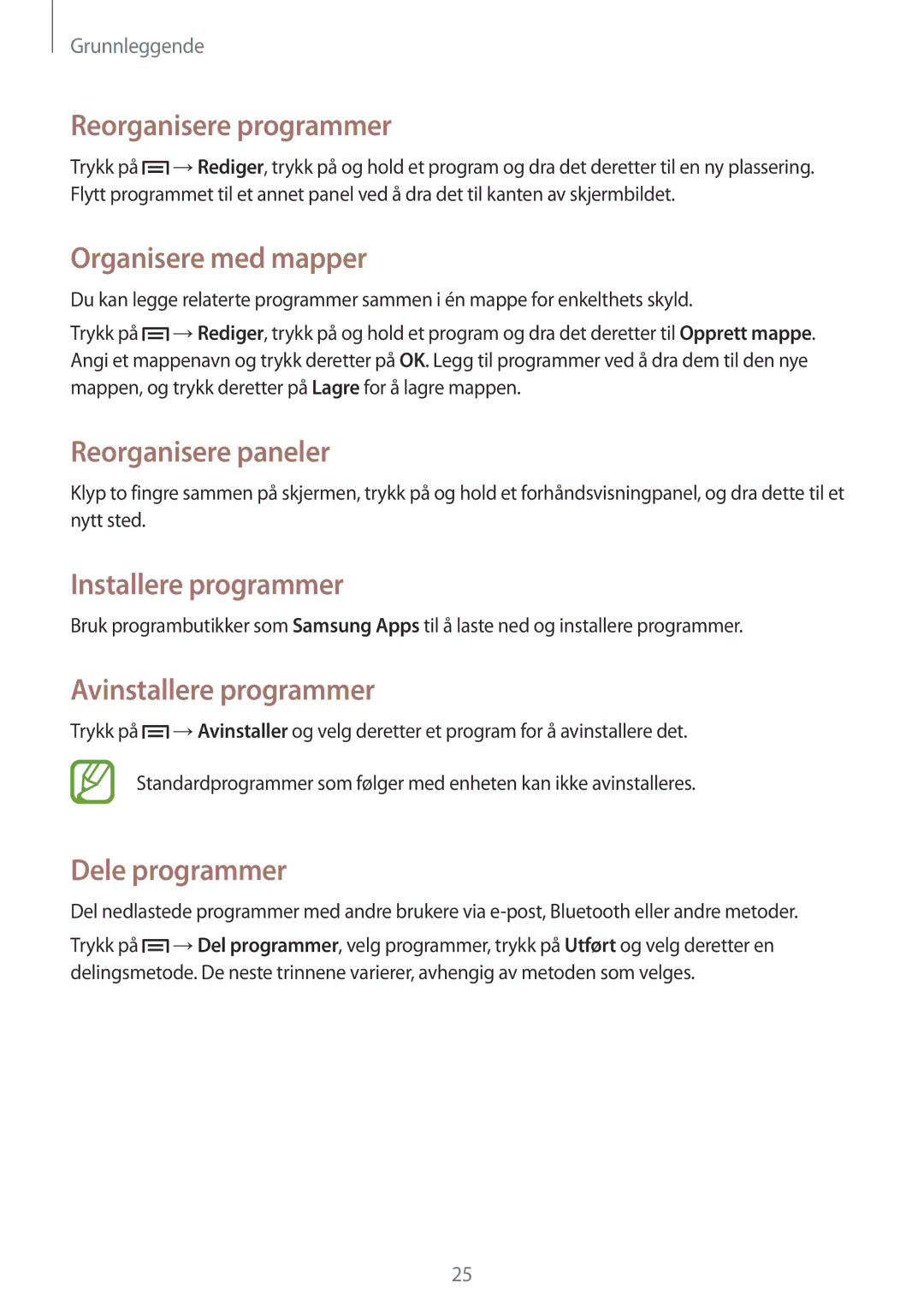 Samsung GT-P5210ZWANEE Reorganisere programmer, Organisere med mapper, Installere programmer, Avinstallere programmer 