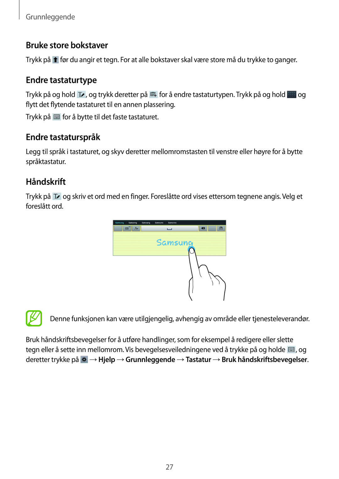 Samsung GT-P5210GRENEE, GT-P5210ZWENEE manual Bruke store bokstaver, Endre tastaturtype, Endre tastaturspråk, Håndskrift 