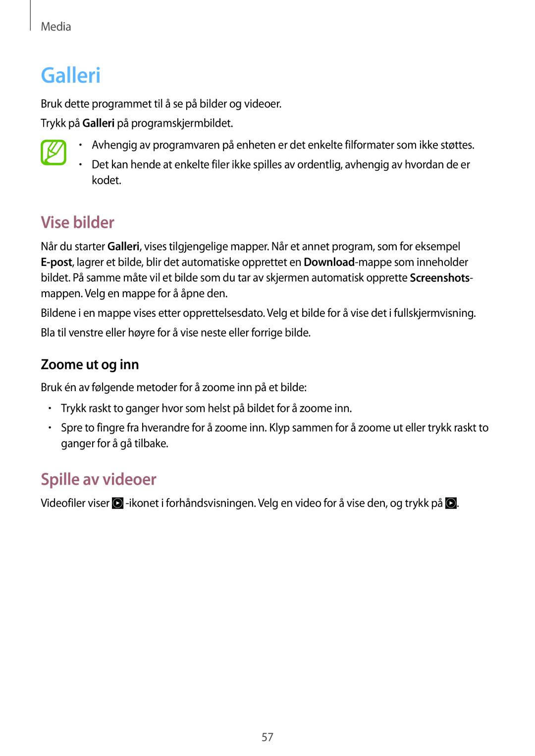 Samsung GT-P5210GNENEE, GT-P5210ZWENEE, GT-P5210GNANEE manual Galleri, Vise bilder, Spille av videoer, Zoome ut og inn 