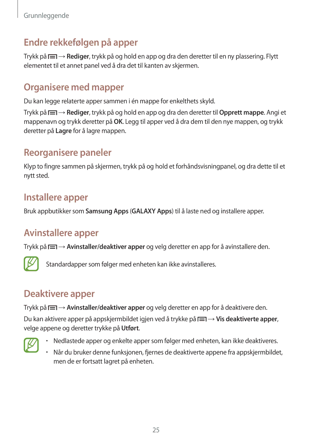 Samsung GT-P5210ZWANEE manual Endre rekkefølgen på apper, Organisere med mapper, Installere apper, Avinstallere apper 