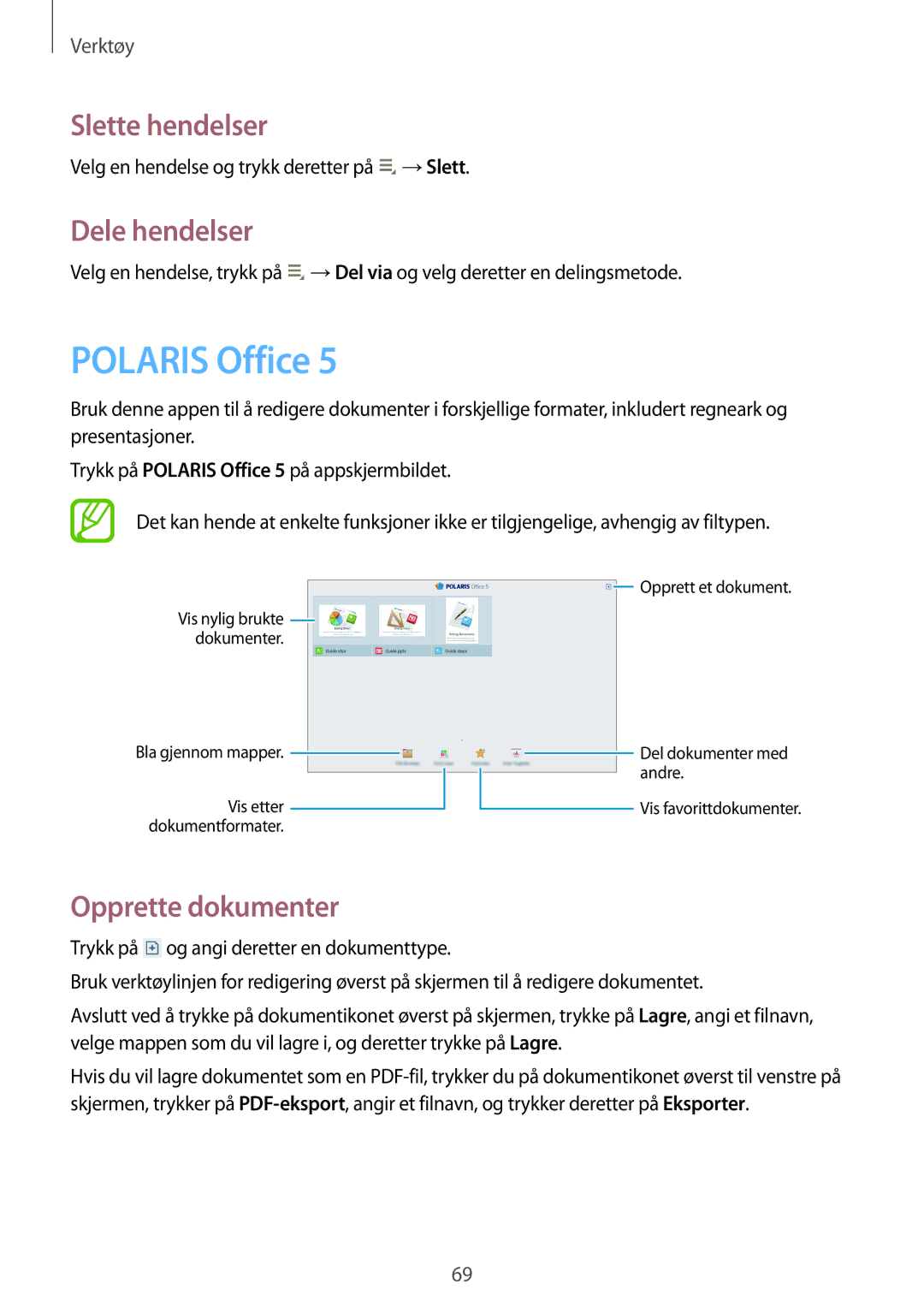 Samsung GT-P5210GRENEE, GT-P5210ZWENEE manual Polaris Office, Slette hendelser, Dele hendelser, Opprette dokumenter 