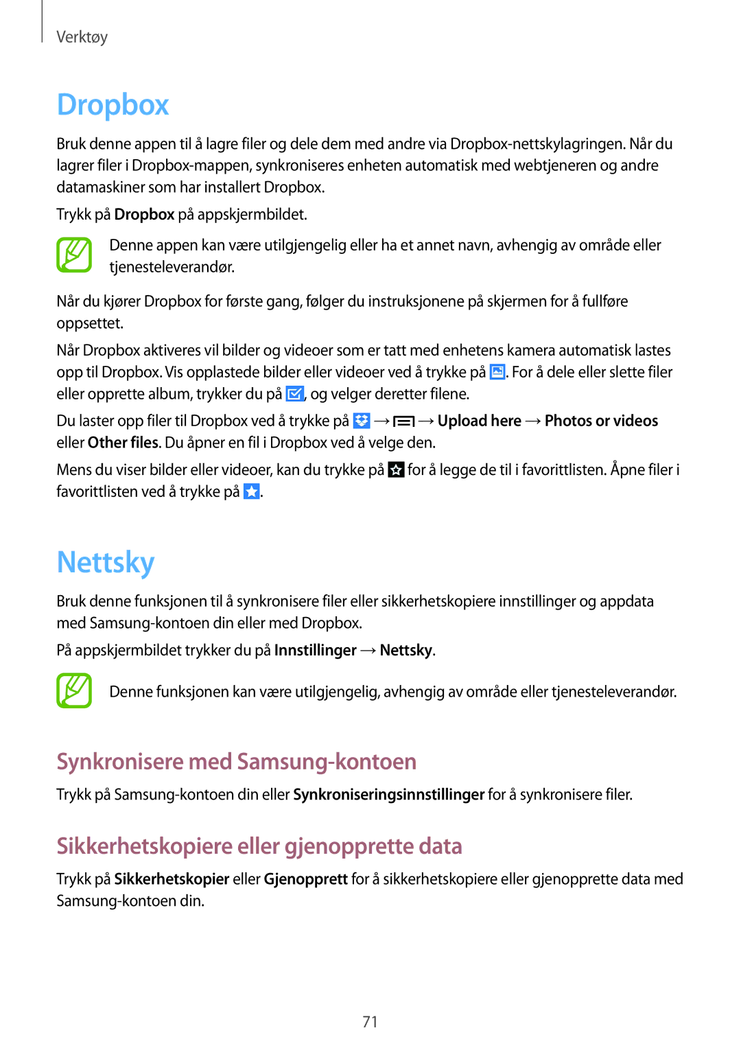 Samsung GT-P5210GNENEE manual Dropbox, Nettsky, Synkronisere med Samsung-kontoen, Sikkerhetskopiere eller gjenopprette data 