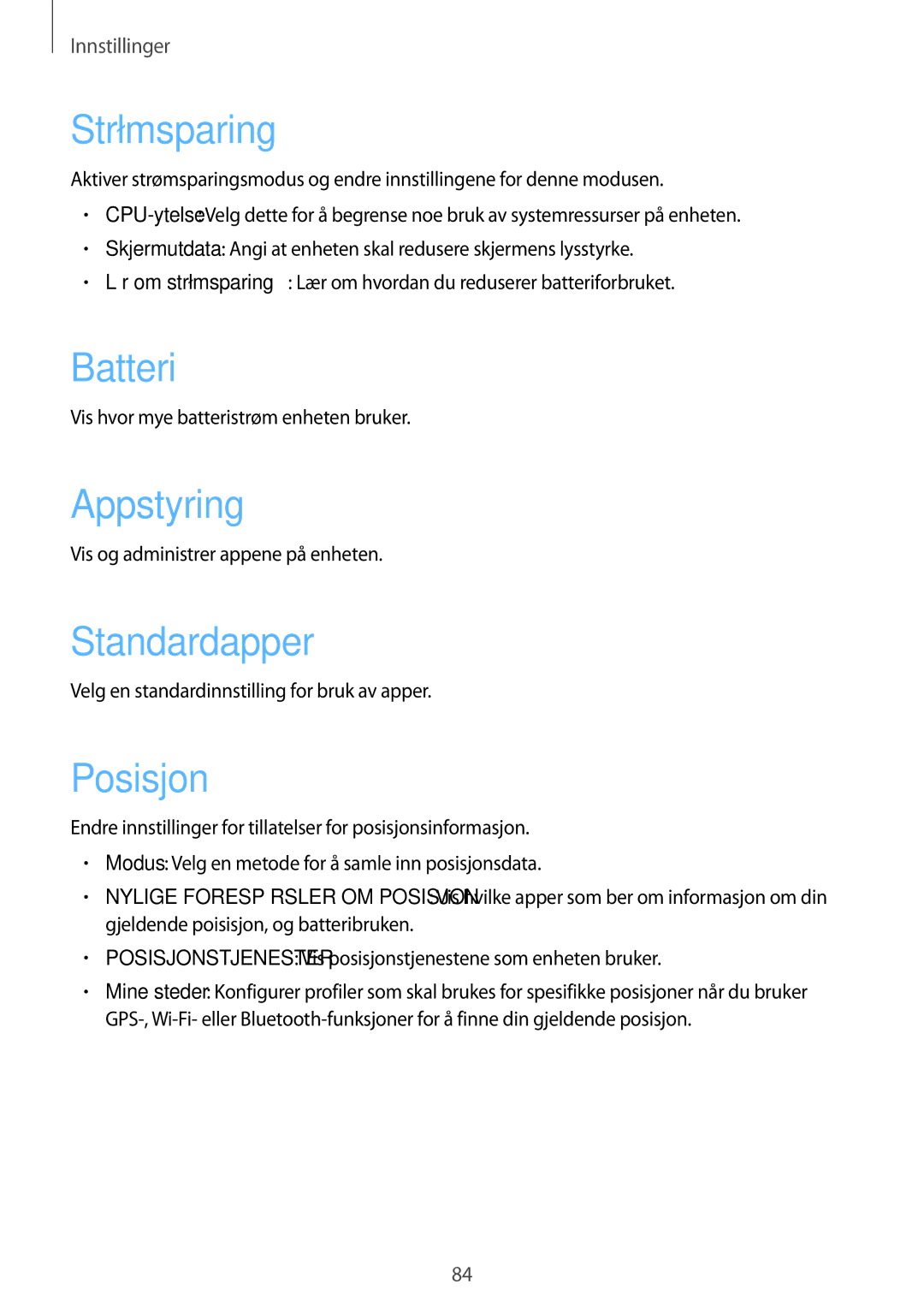 Samsung GT-P5210ZWENEE, GT-P5210GNENEE, GT-P5210GNANEE manual Strømsparing, Batteri, Appstyring, Standardapper, Posisjon 