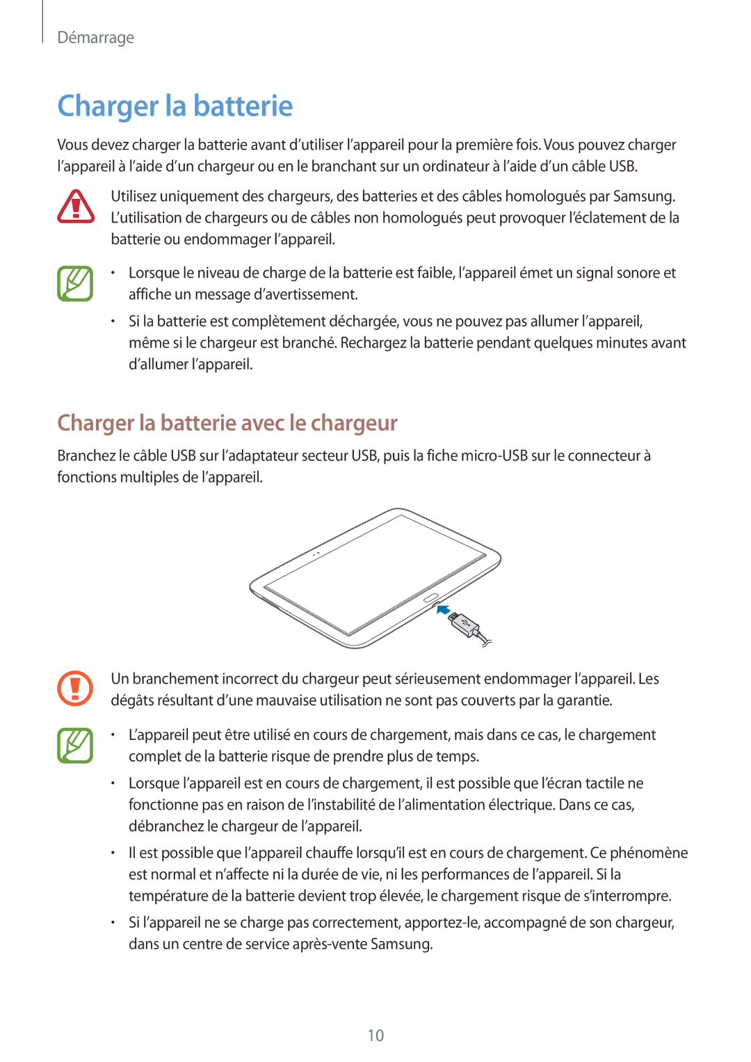 Samsung GT-P5210GNAXEF, GT-P5210ZWXXEF, GT-P5210ZWAFTB, GT-P5210ZWEXEF manual Charger la batterie avec le chargeur 