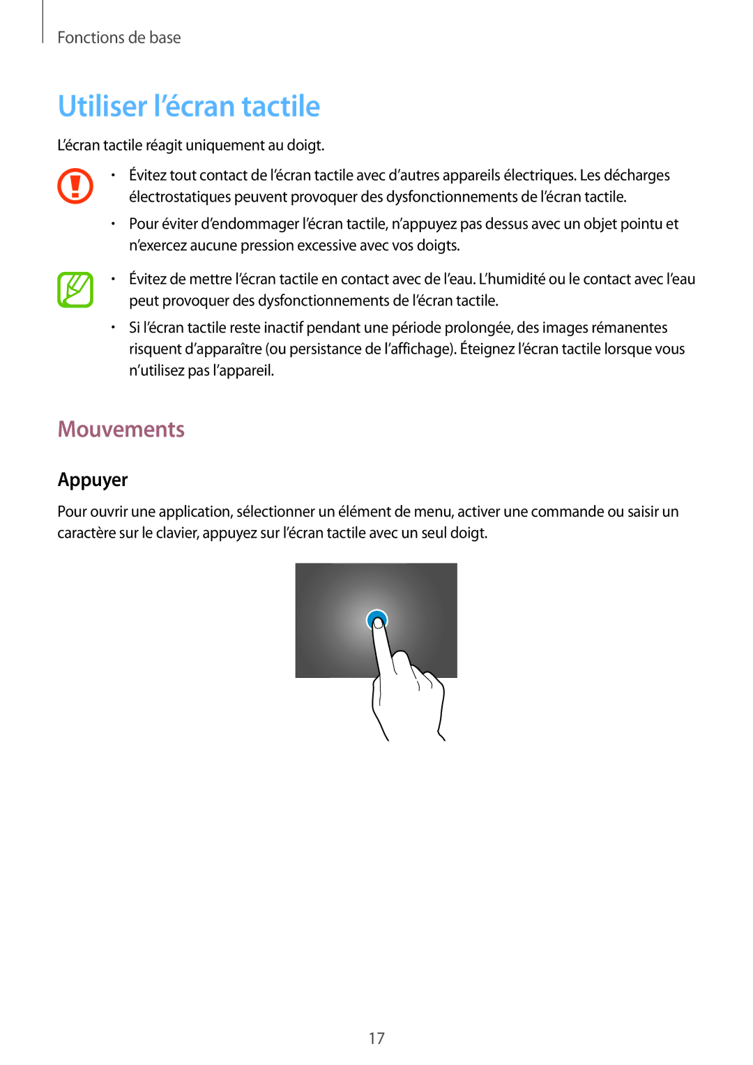 Samsung GT-P5210ZWEFNC, GT-P5210ZWXXEF, GT-P5210GNAXEF, GT-P5210ZWAFTB manual Utiliser l’écran tactile, Mouvements, Appuyer 