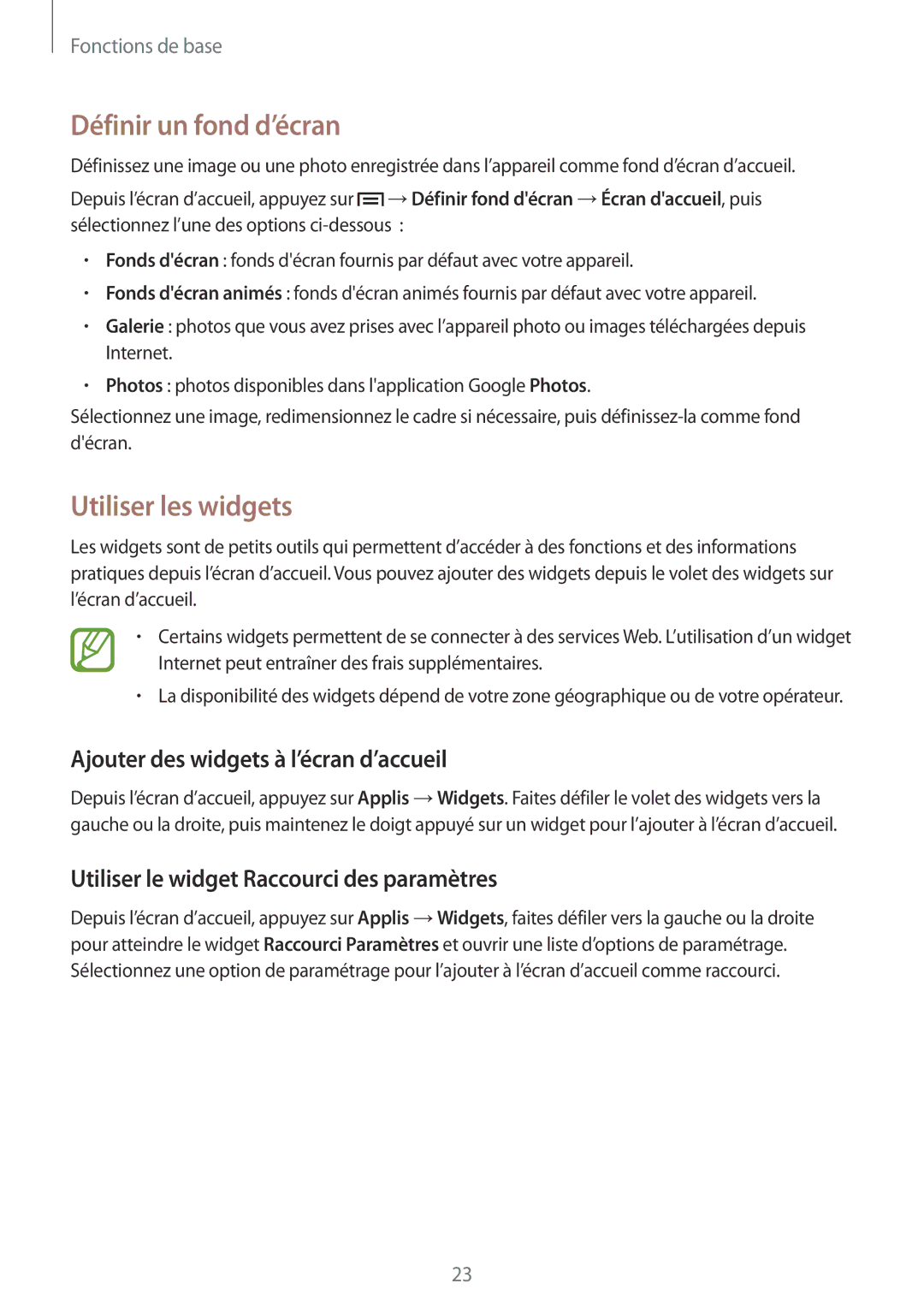 Samsung GT-P5210ZWAXEF manual Définir un fond d’écran, Utiliser les widgets, Ajouter des widgets à l’écran d’accueil 