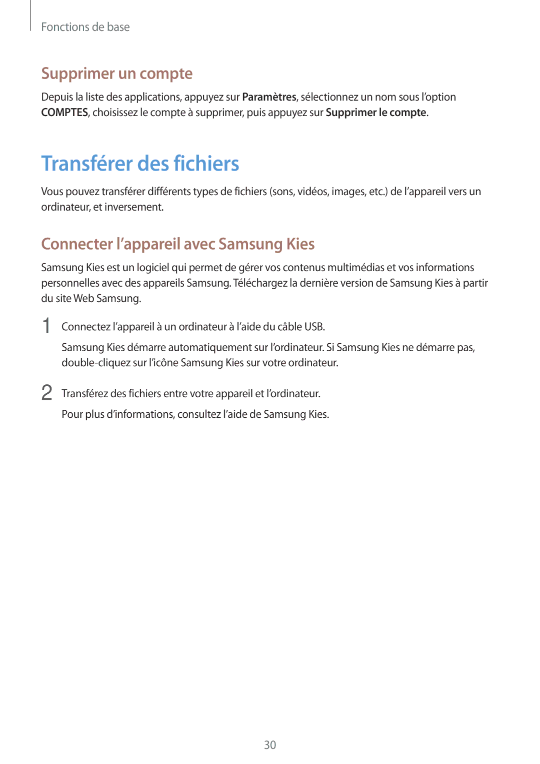 Samsung GT-P5210ZWEXEF manual Transférer des fichiers, Supprimer un compte, Connecter l’appareil avec Samsung Kies 