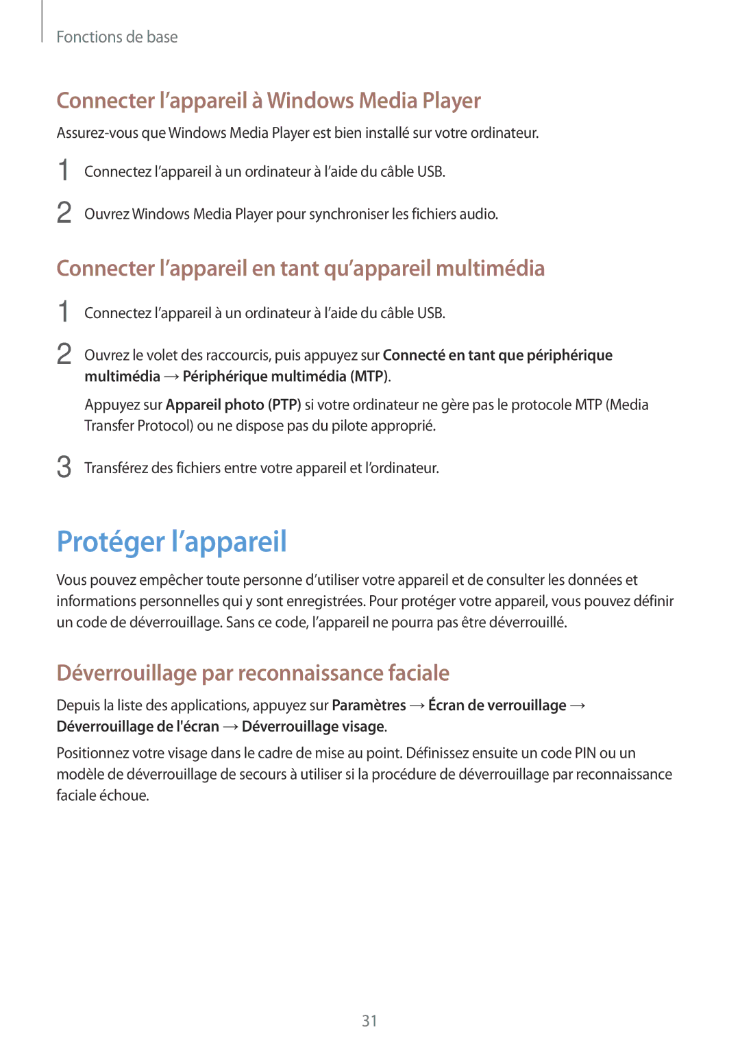 Samsung GT-P5210GRAXEF, GT-P5210ZWXXEF, GT-P5210GNAXEF Protéger l’appareil, Connecter l’appareil à Windows Media Player 