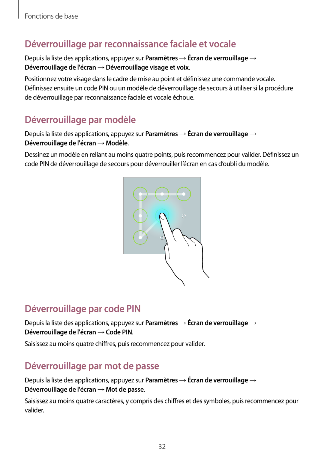Samsung GT-P5210ZWAXEF, GT-P5210ZWXXEF manual Déverrouillage par reconnaissance faciale et vocale, Déverrouillage par modèle 