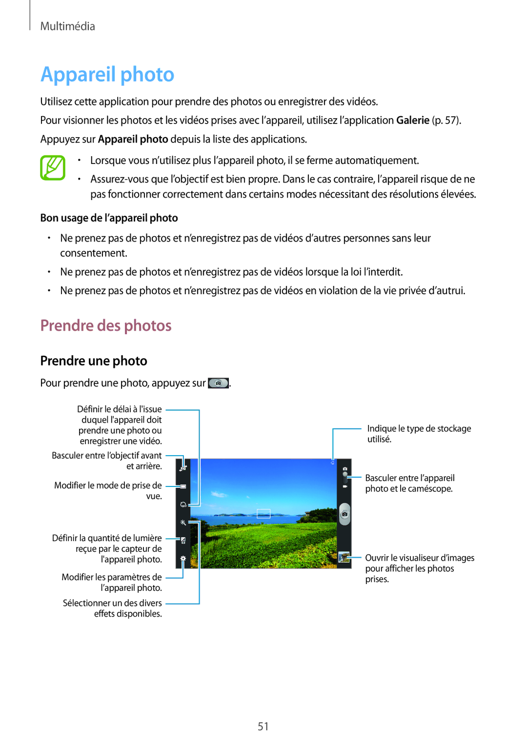 Samsung GT-P5210ZWAFTM manual Appareil photo, Prendre des photos, Prendre une photo, Bon usage de l’appareil photo 