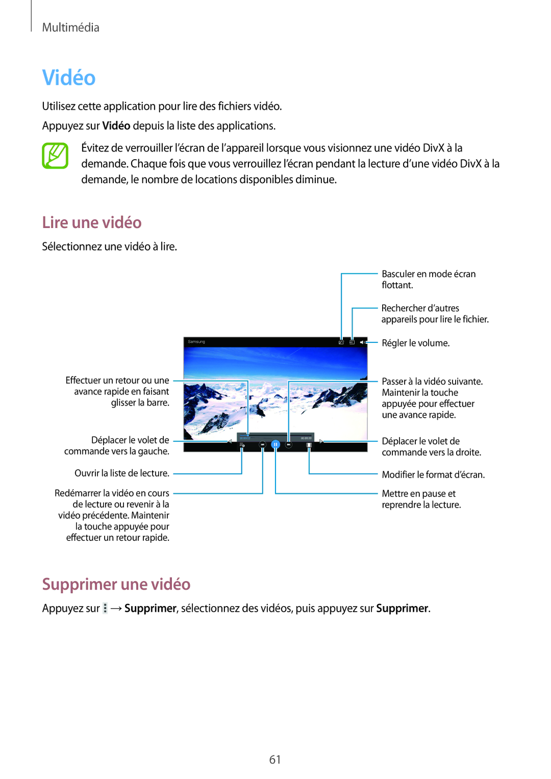 Samsung GT-P5210MKAXEF, GT-P5210ZWXXEF, GT-P5210GNAXEF, GT-P5210ZWAFTB, GT-P5210ZWEXEF manual Vidéo, Supprimer une vidéo 