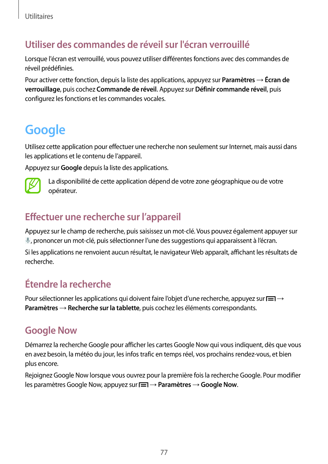 Samsung GT-P5210ZWAXEF manual Utiliser des commandes de réveil sur lécran verrouillé, Étendre la recherche, Google Now 