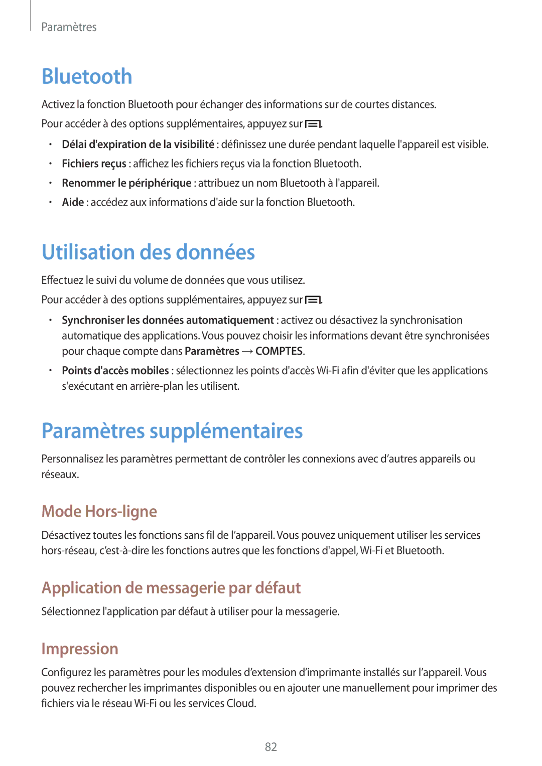 Samsung GT-P5210GNAXEF, GT-P5210ZWXXEF Utilisation des données, Paramètres supplémentaires, Mode Hors-ligne, Impression 