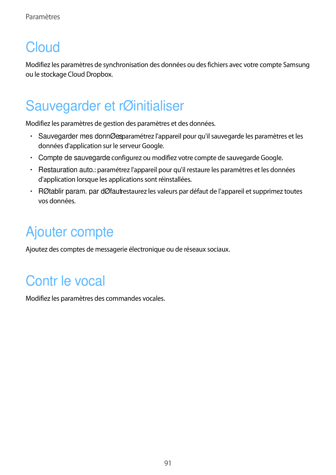 Samsung GT-P5210GNAXEF, GT-P5210ZWXXEF, GT-P5210ZWAFTB manual Sauvegarder et réinitialiser, Ajouter compte, Contrôle vocal 